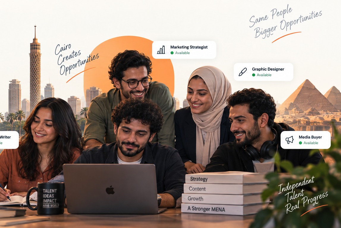 Wasel-matched Arab professionals collaborating, with Cairo's skyline and the pyramids in the background